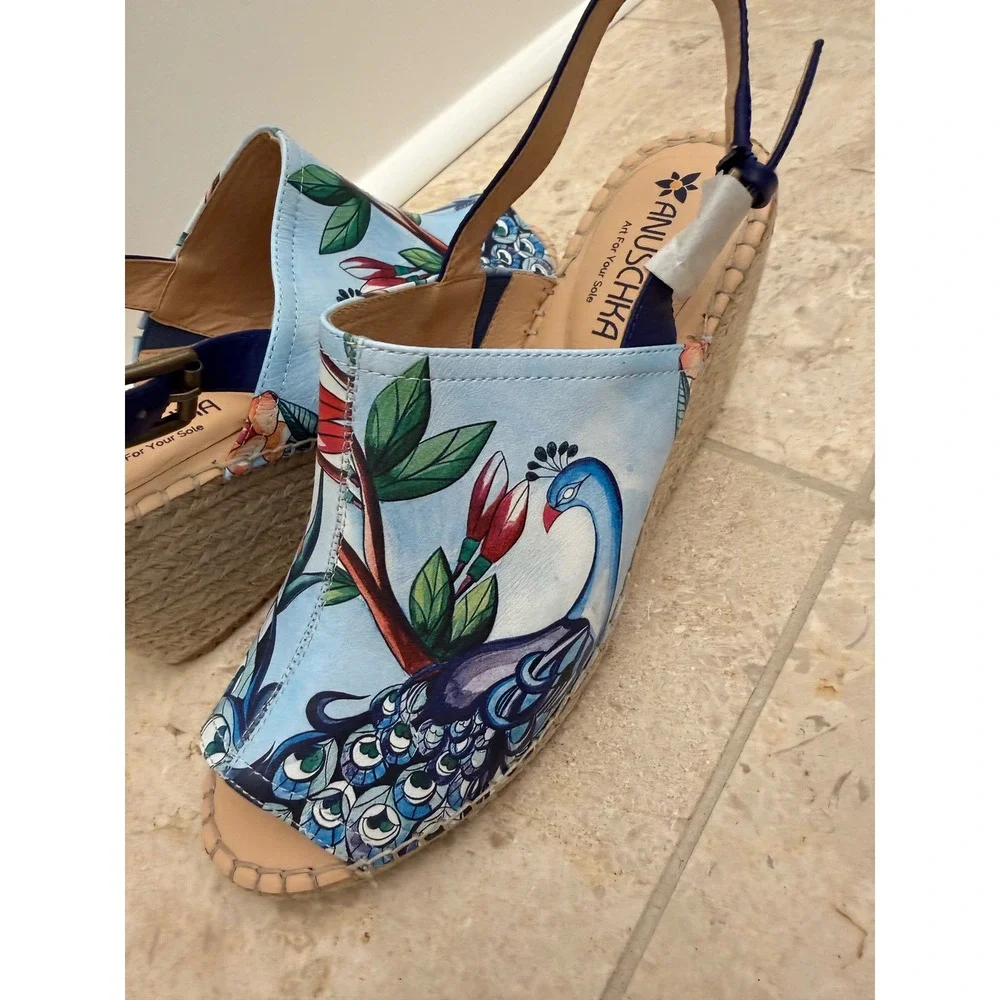 Anuschka Maya Printed Leather Espadrille Wedge Sandals Peacock Blue 9